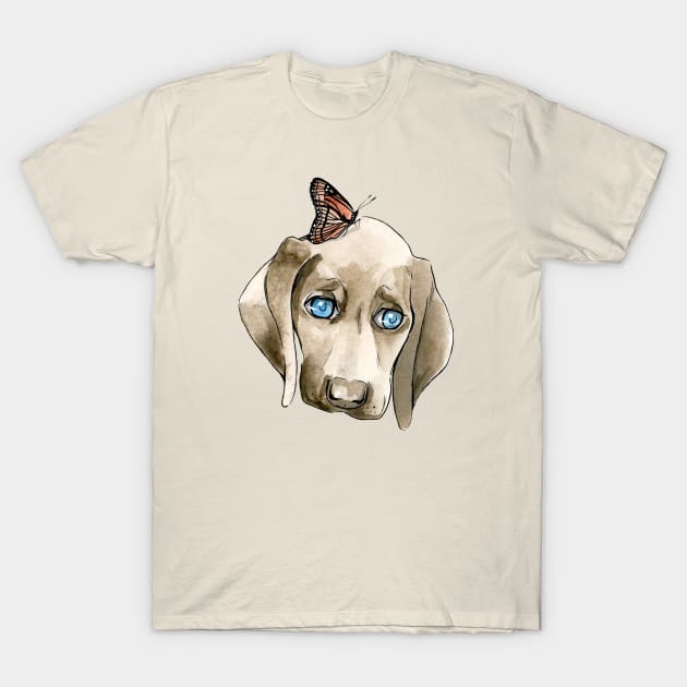 Sad Pointer Dog with Butterfly T-Shirt by jessicaguarnido